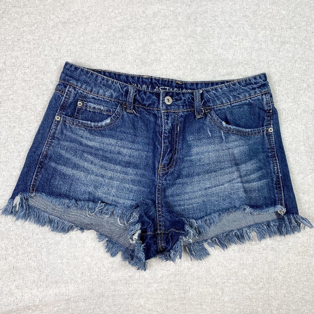 Dark Blue Denim Frayed Hem Women's Shorts
